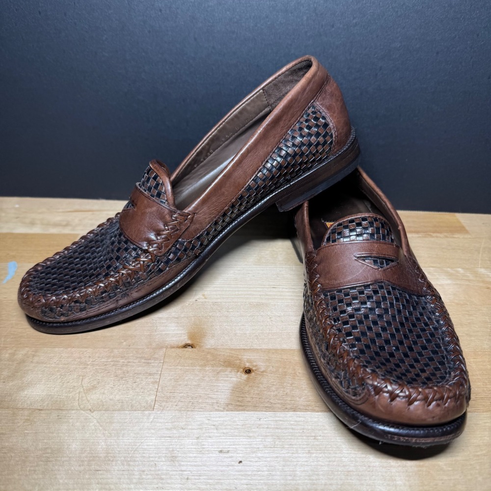 Cole Haan Country Mens 8.5 A Woven Leather Penny Loafers Brown Black F 9439